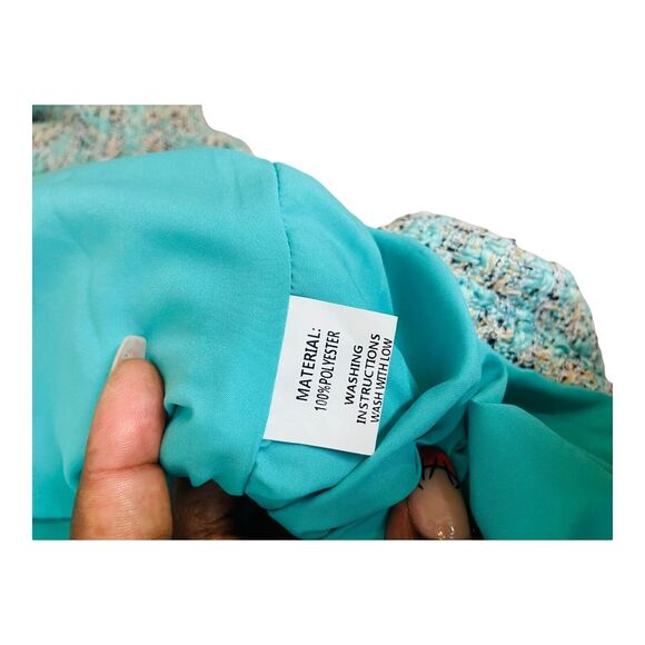 NWT LifeShe Tweed Jackie Button Up V Neck Short Sleeve Mini Dress Blue Lined L - Picture 13 of 14